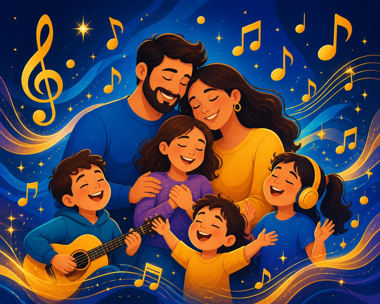 Família cercada por notas musicais douradas